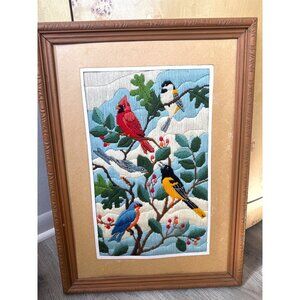 1970s Birds on a Branch Crewel Embroidery Cardinal